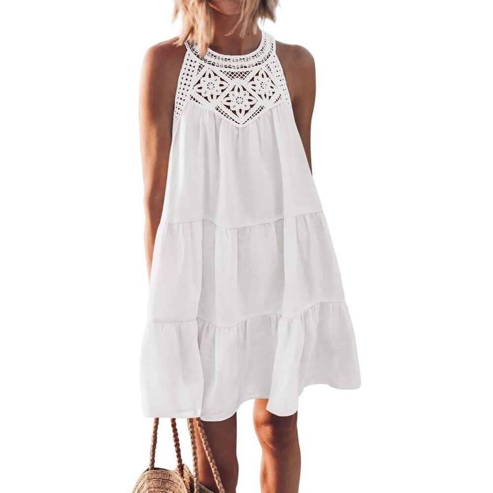Women Summer Cotton Halter Mini Dress Beach Vacation Casual A-Line
